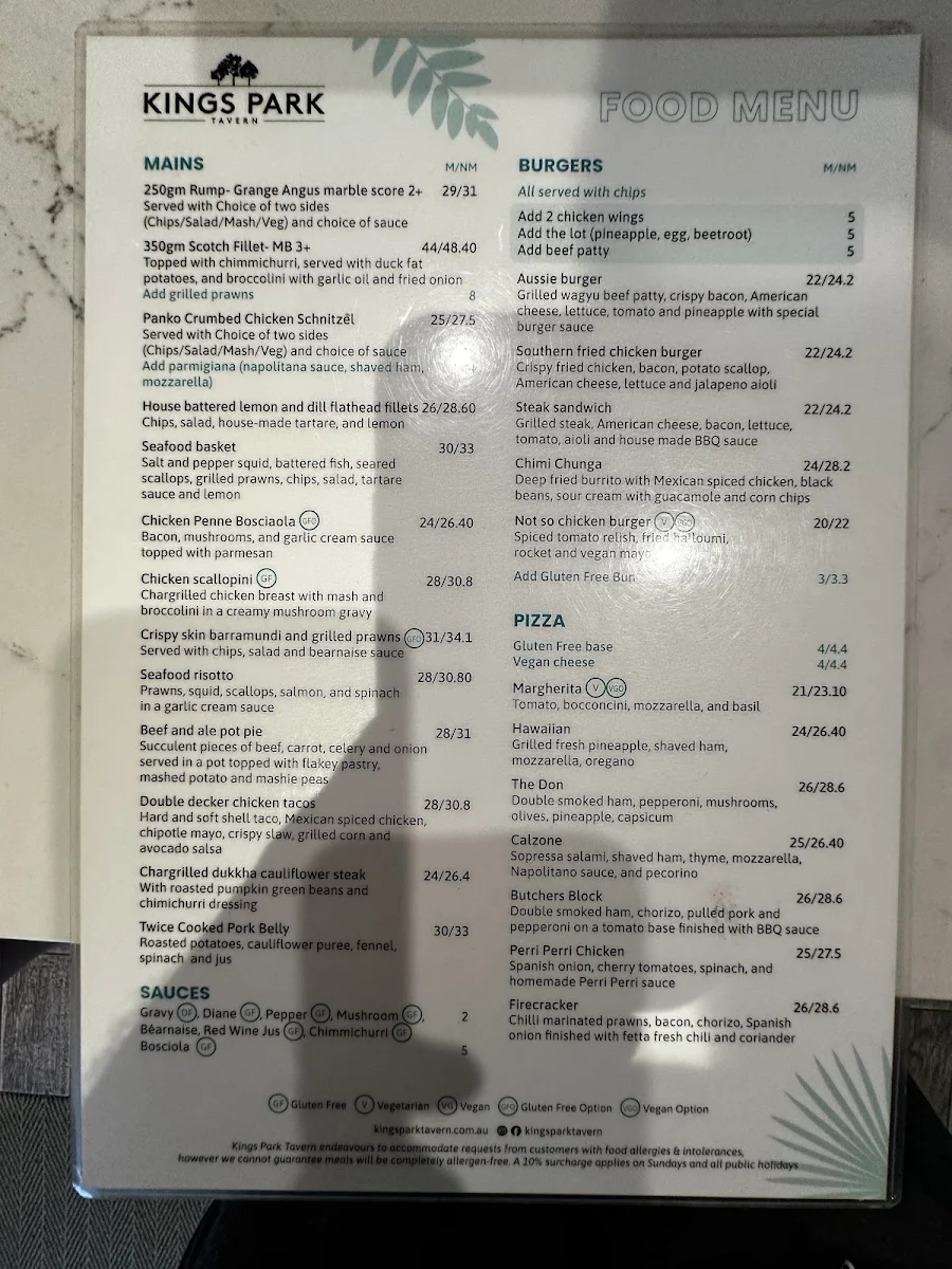 Menu, Kings Park Tavern