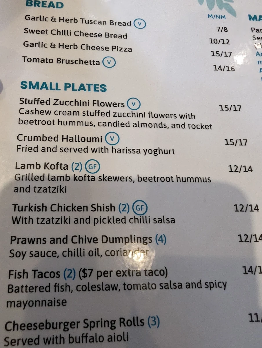 Menu, Kings Park Tavern
