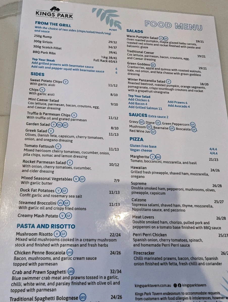 Menu, Kings Park Tavern