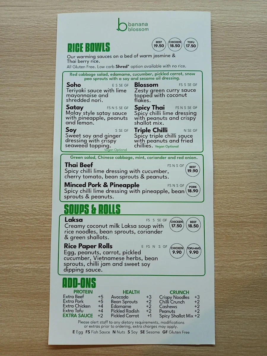 Menu, Banana Blossom Neutral Bay