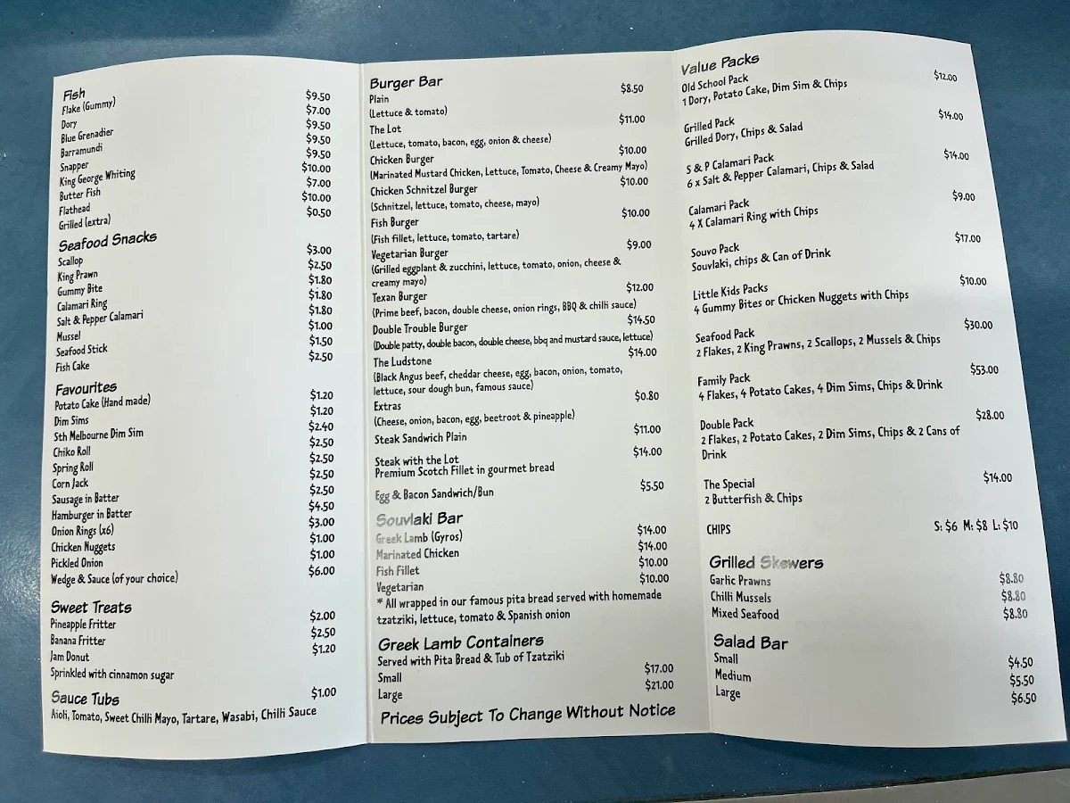 Menu, Blue Sea Fish & Chips