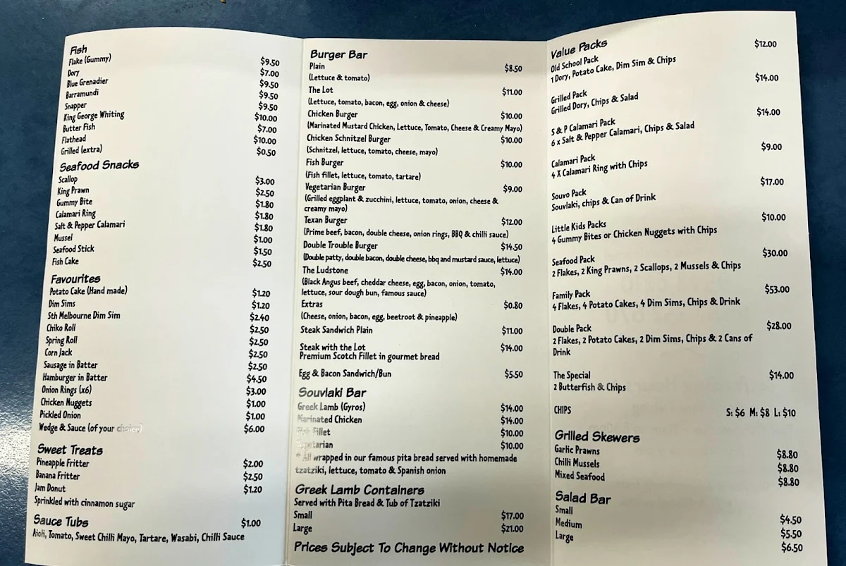 Menu, Blue Sea Fish & Chips