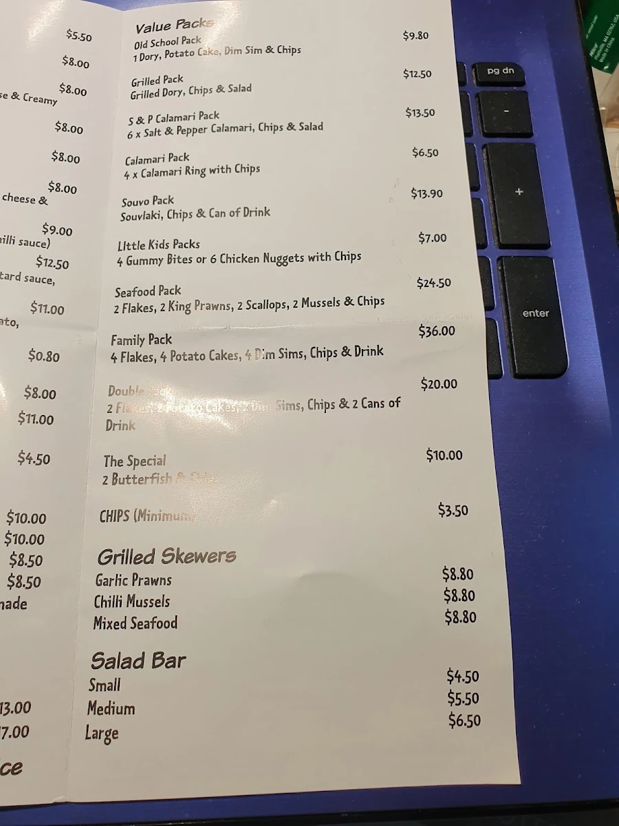 Menu, Blue Sea Fish & Chips