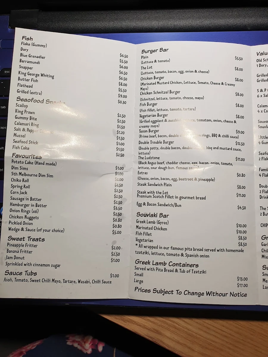 Menu, Blue Sea Fish & Chips