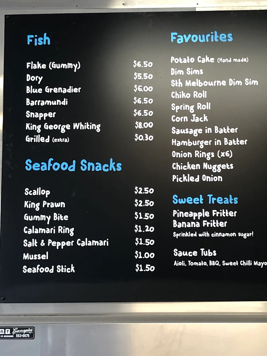 Menu, Blue Sea Fish & Chips
