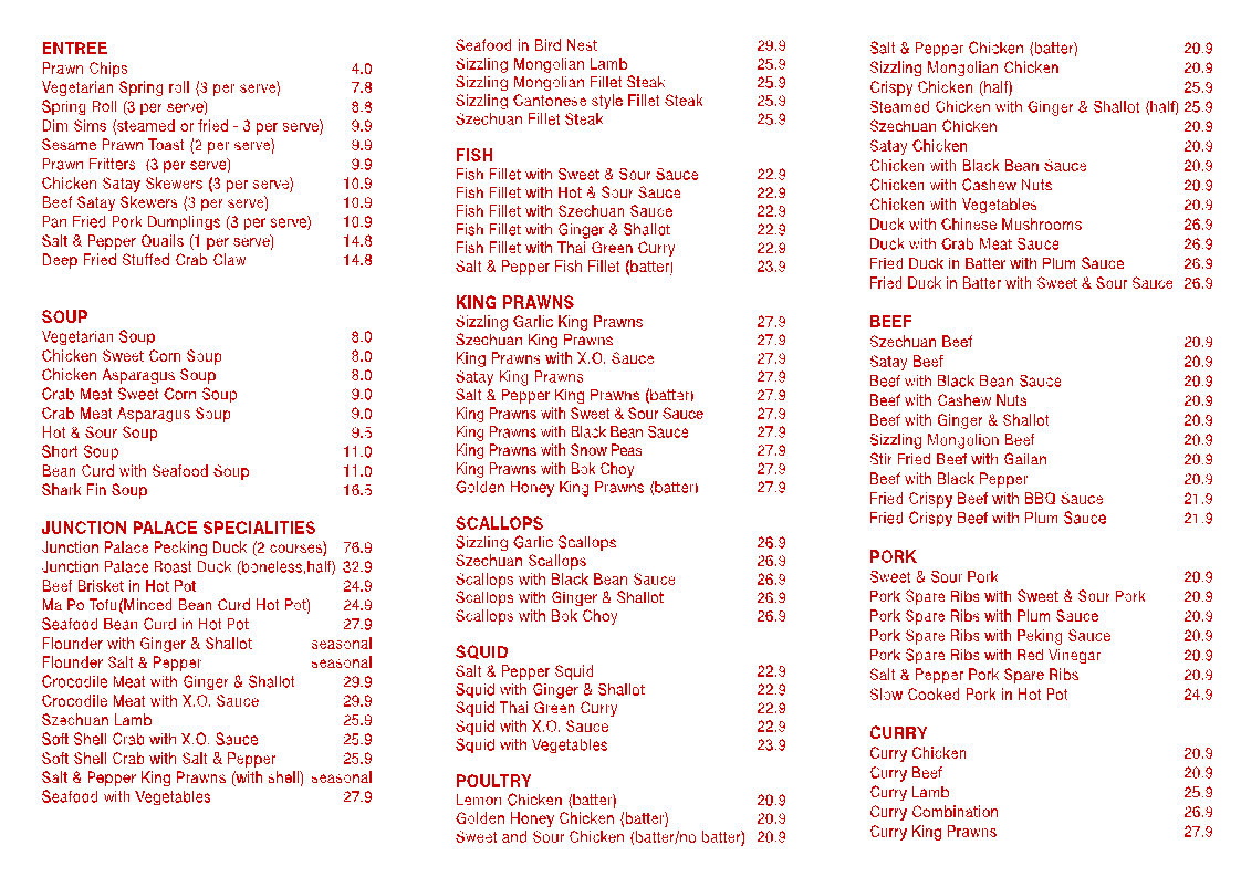 Menu, The Junction Palace