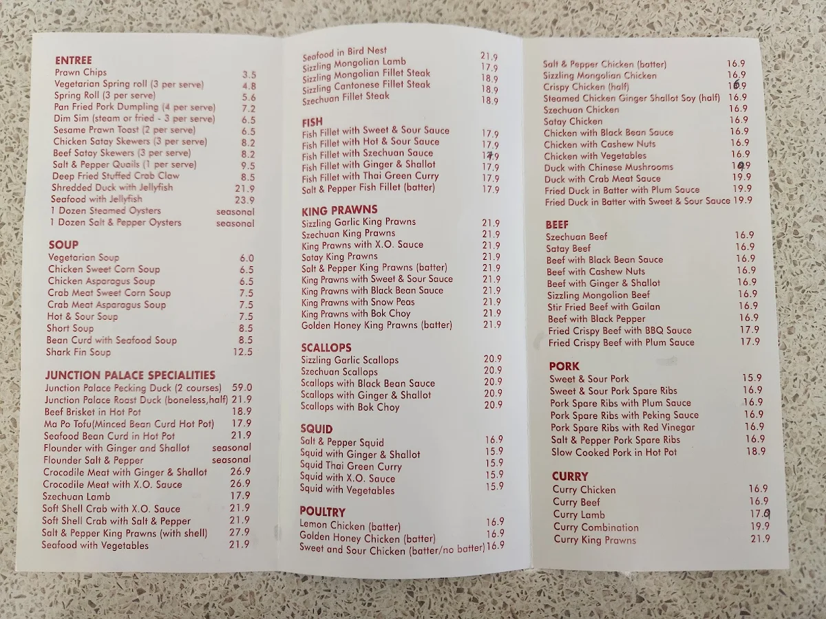 Menu, The Junction Palace