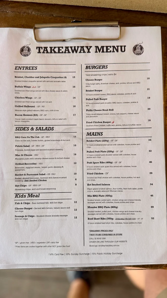 Menu, Smokey Mary BBQ Restaurant - Narraweena