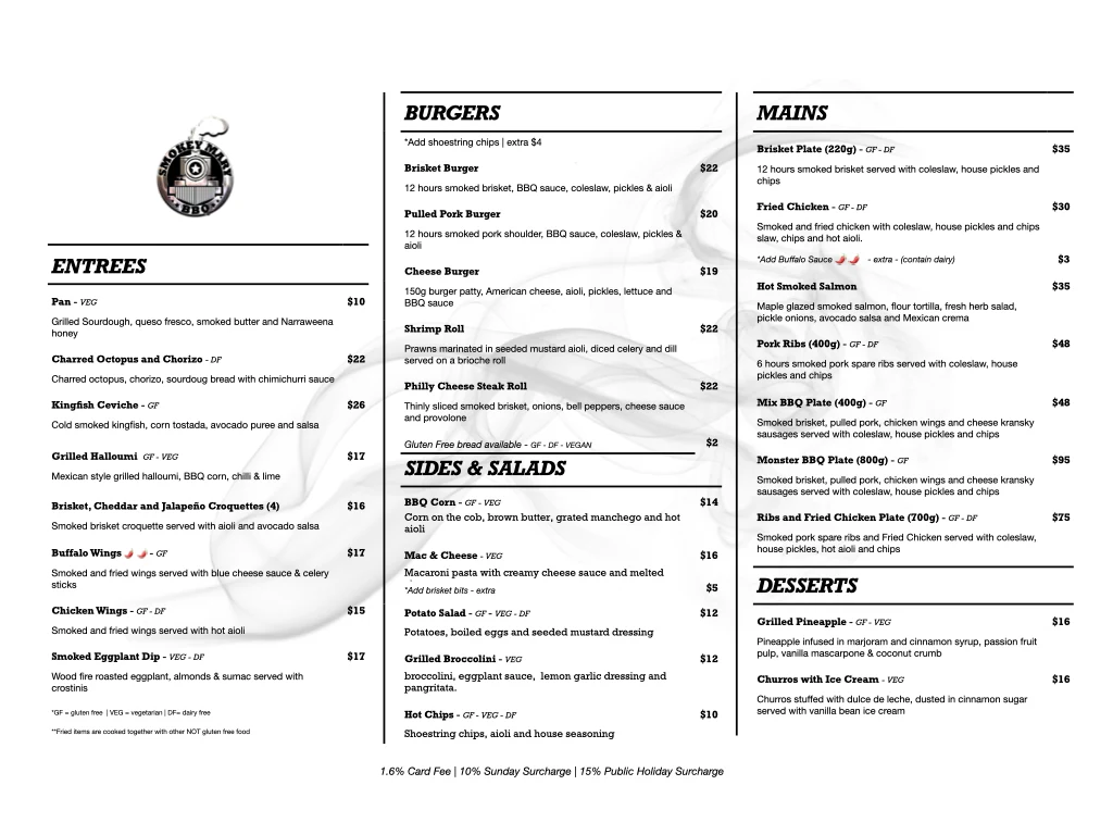 Menu, Smokey Mary BBQ Restaurant - Narraweena