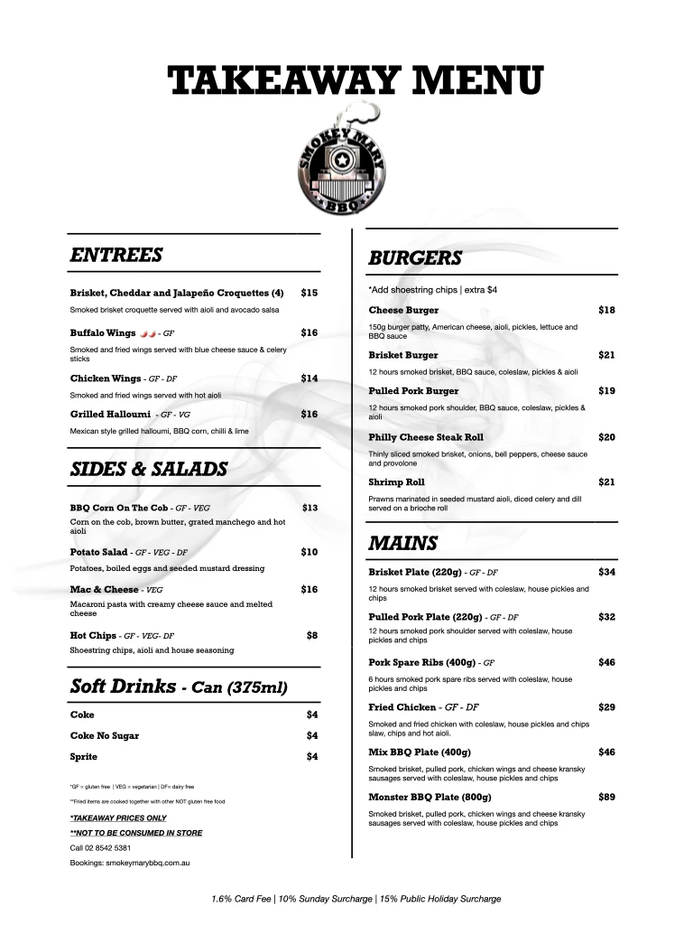 Menu, Smokey Mary BBQ Restaurant - Narraweena
