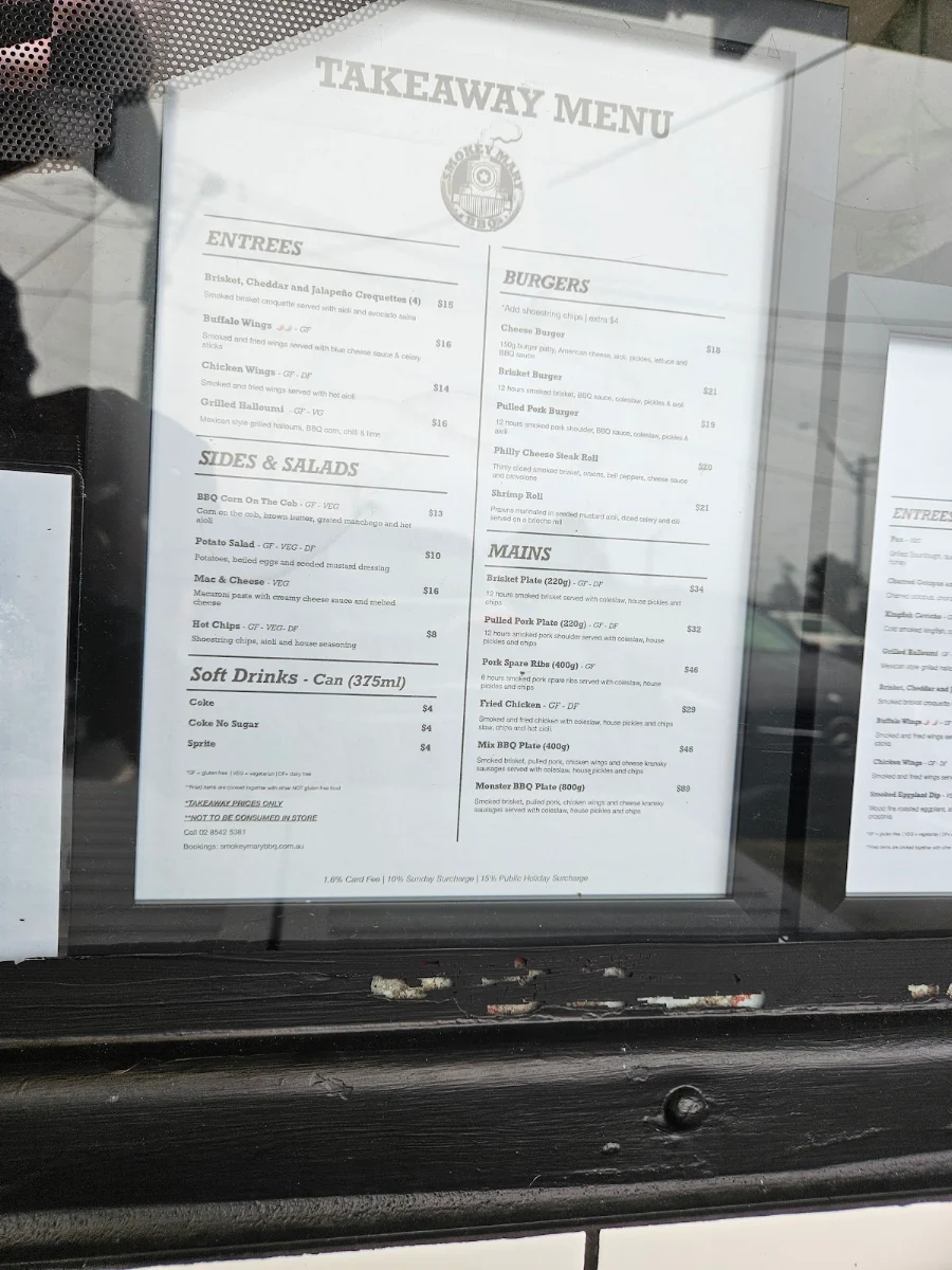 Menu, Smokey Mary BBQ Restaurant - Narraweena