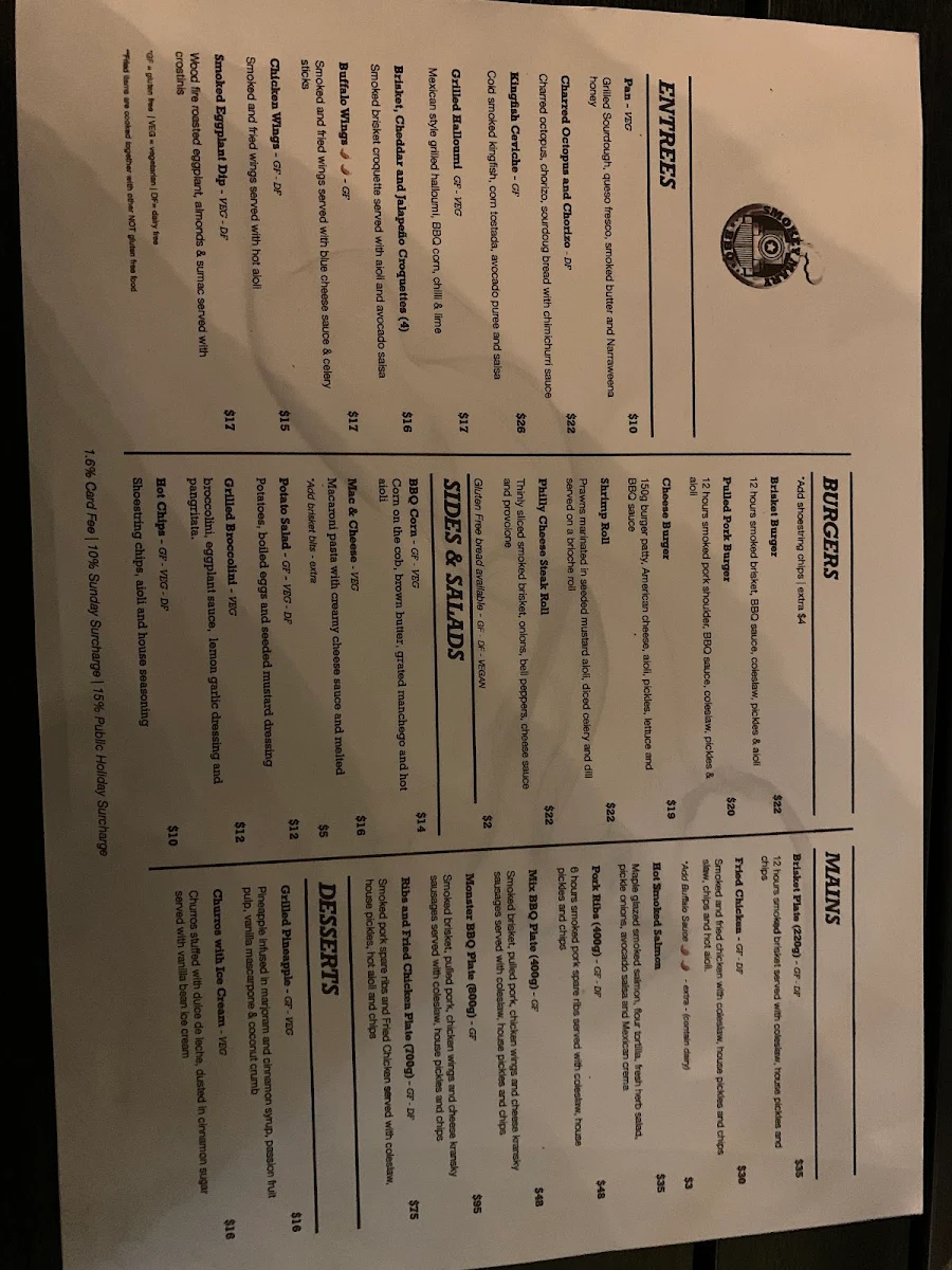 Menu, Smokey Mary BBQ Restaurant - Narraweena