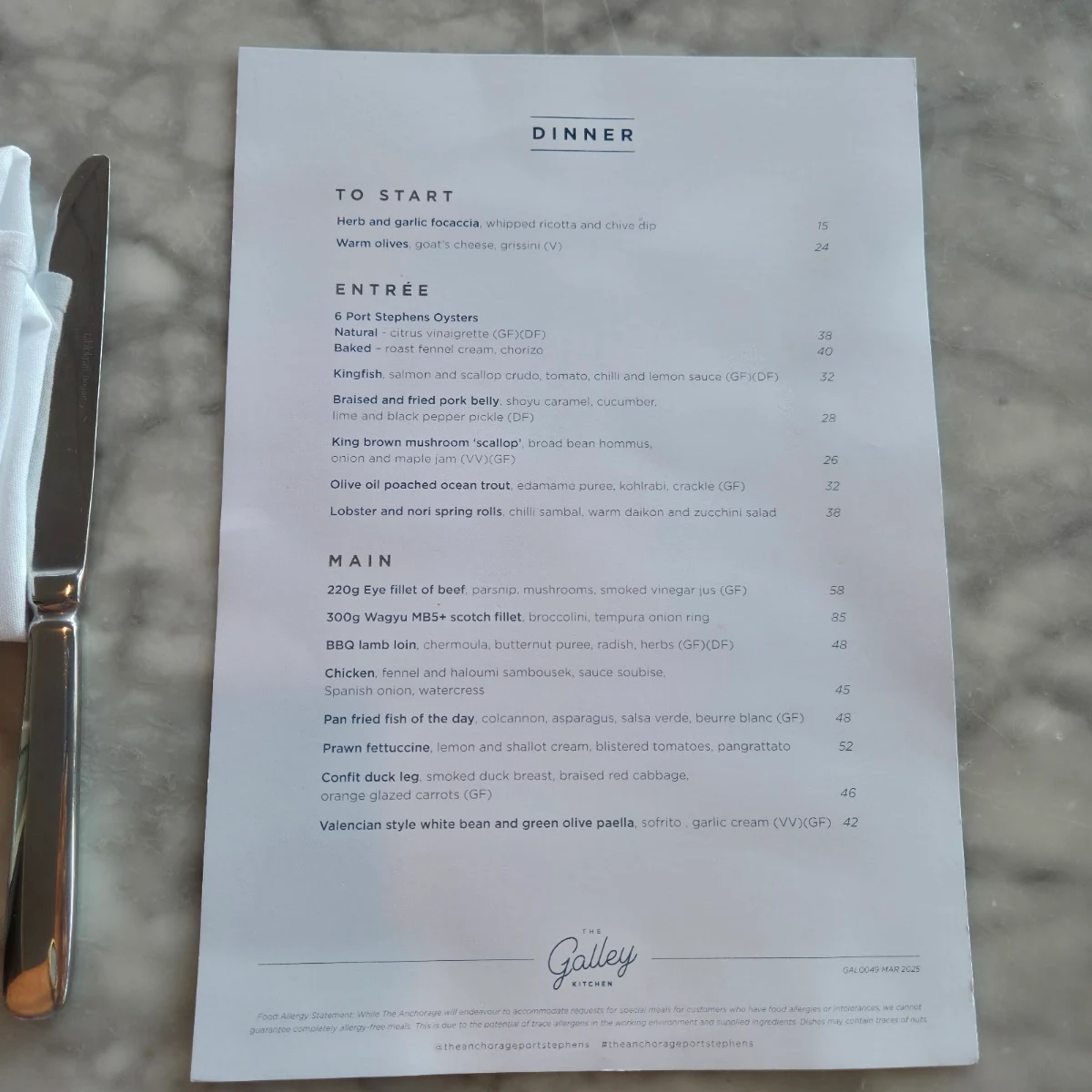 Menu, The Galley Kitchen