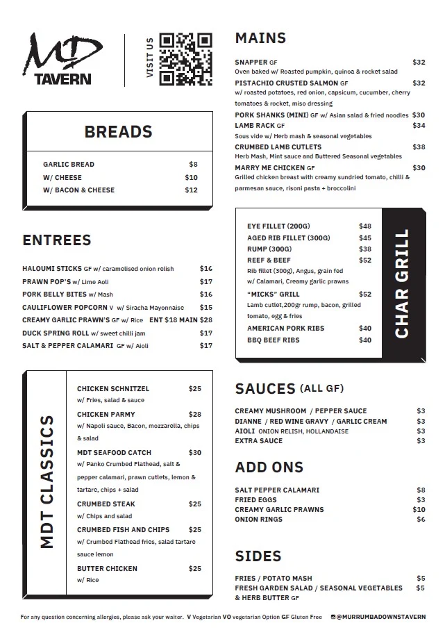 Menu, Murrumba Downs Tavern