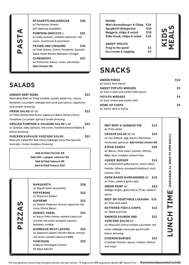 Menu, Murrumba Downs Tavern
