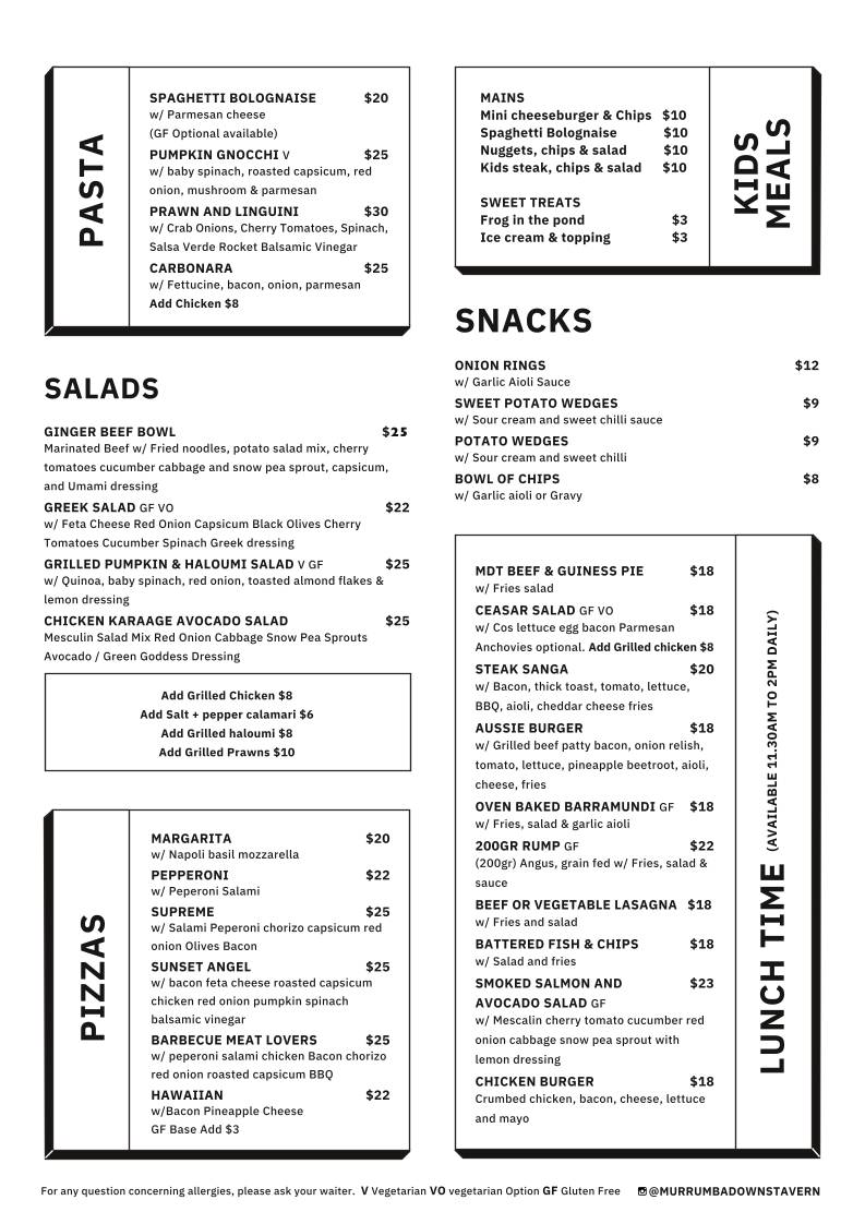Menu, Murrumba Downs Tavern