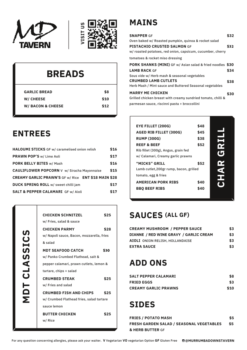 Menu, Murrumba Downs Tavern