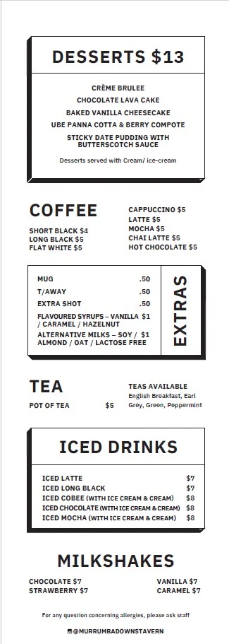 Menu, Murrumba Downs Tavern