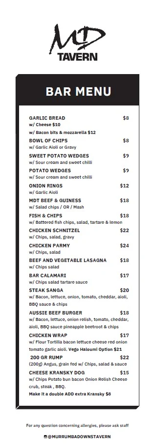 Menu, Murrumba Downs Tavern