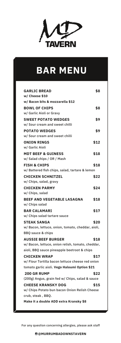 Menu, Murrumba Downs Tavern