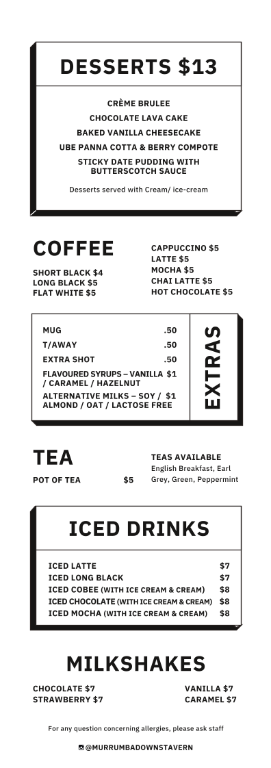 Menu, Murrumba Downs Tavern