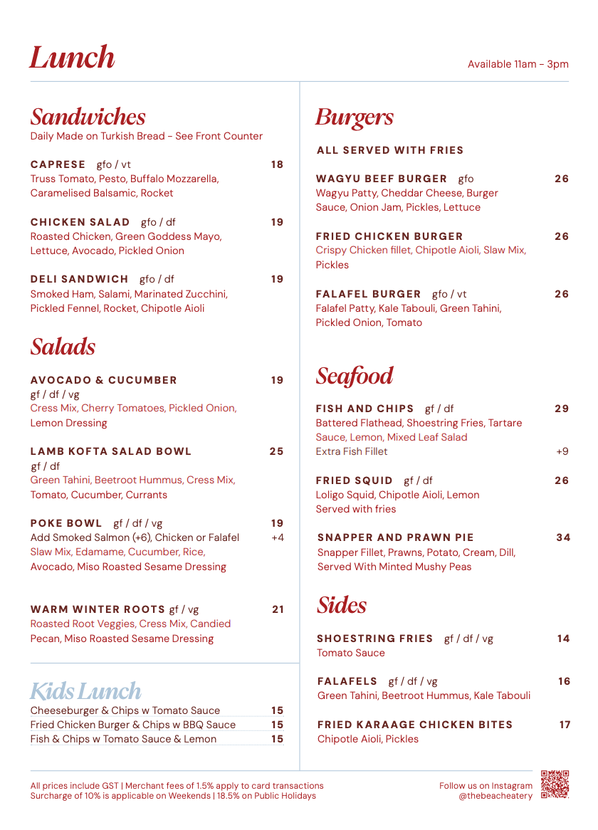 Menu, The Beach Eatery