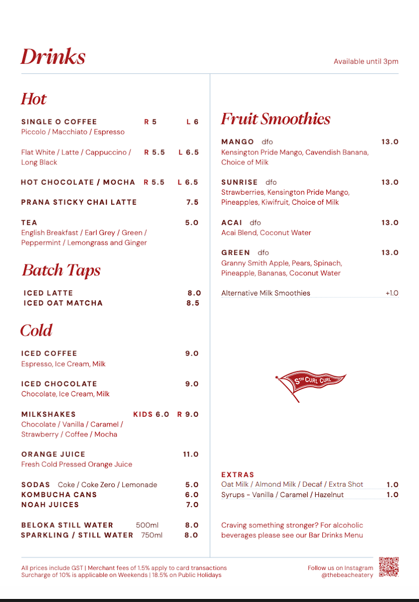 Menu, The Beach Eatery