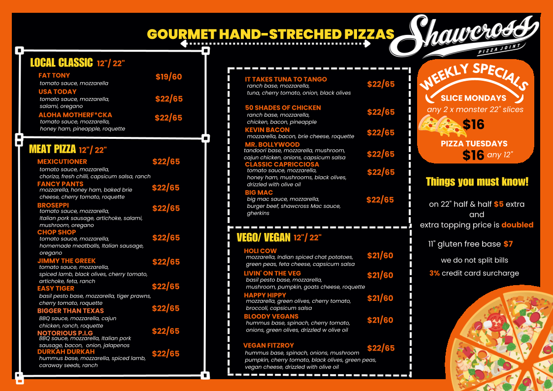 Menu, Shawcross Pizza Joint