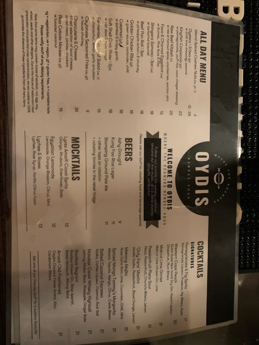 Menu, Oydis Bar & Dine | Ashburton