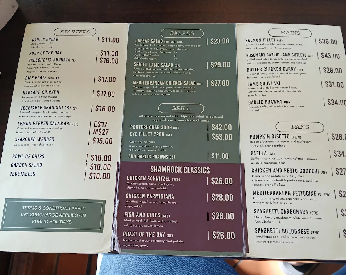 Menu, Shamrock Hotel Cafe