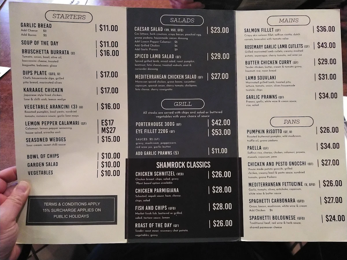 Menu, Shamrock Hotel Cafe