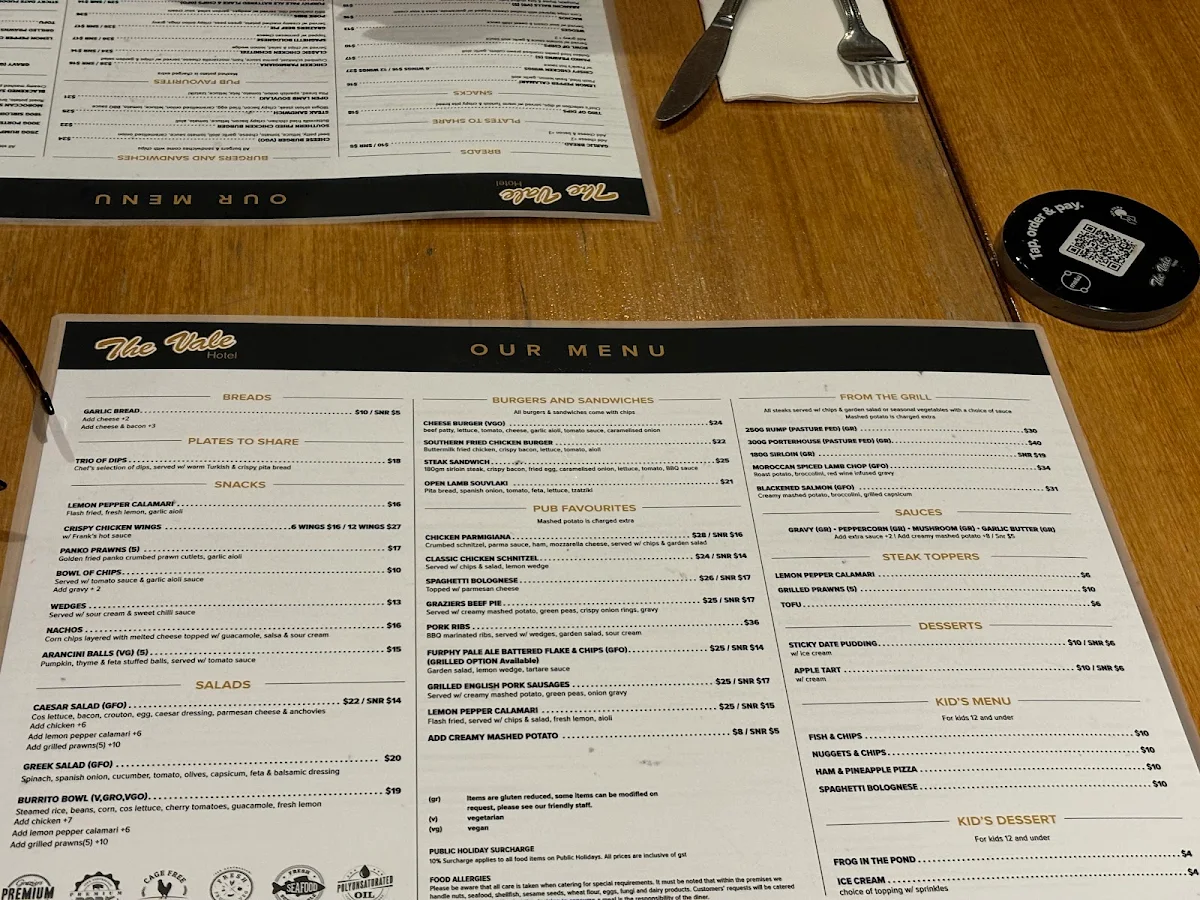 Menu, Vale Hotel