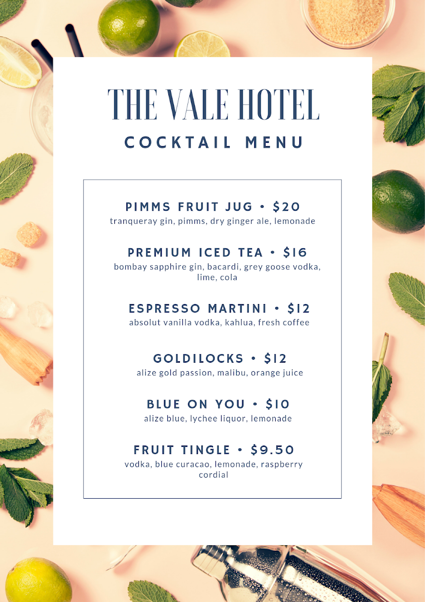 Menu, Vale Hotel