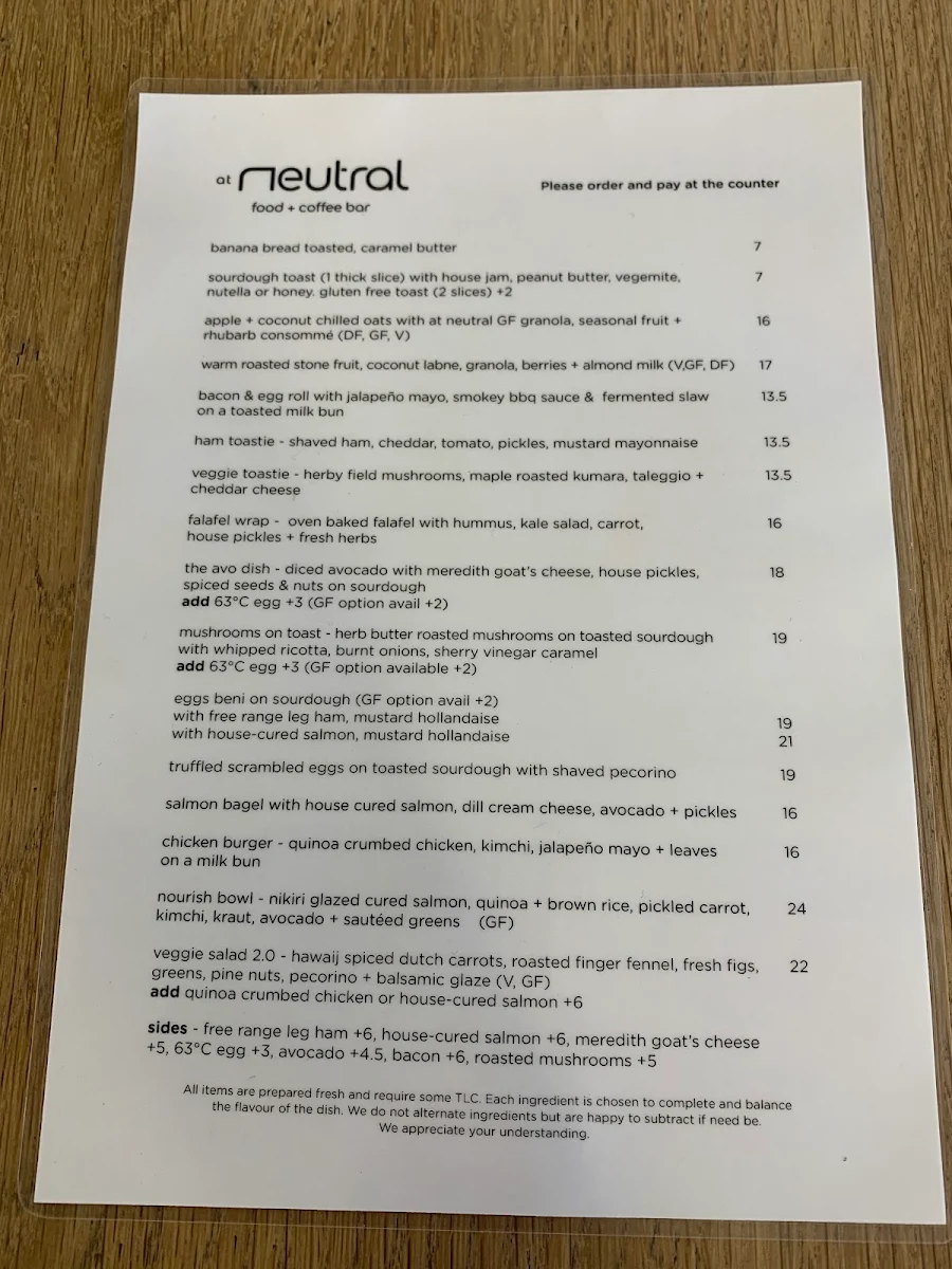 Menu, At Neutral