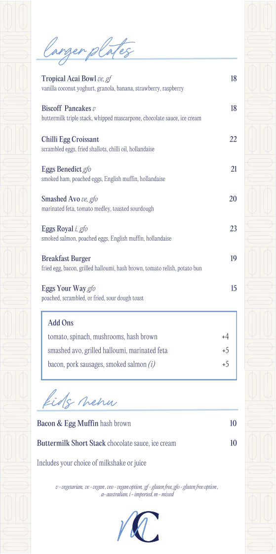 Menu, Miss Caroline