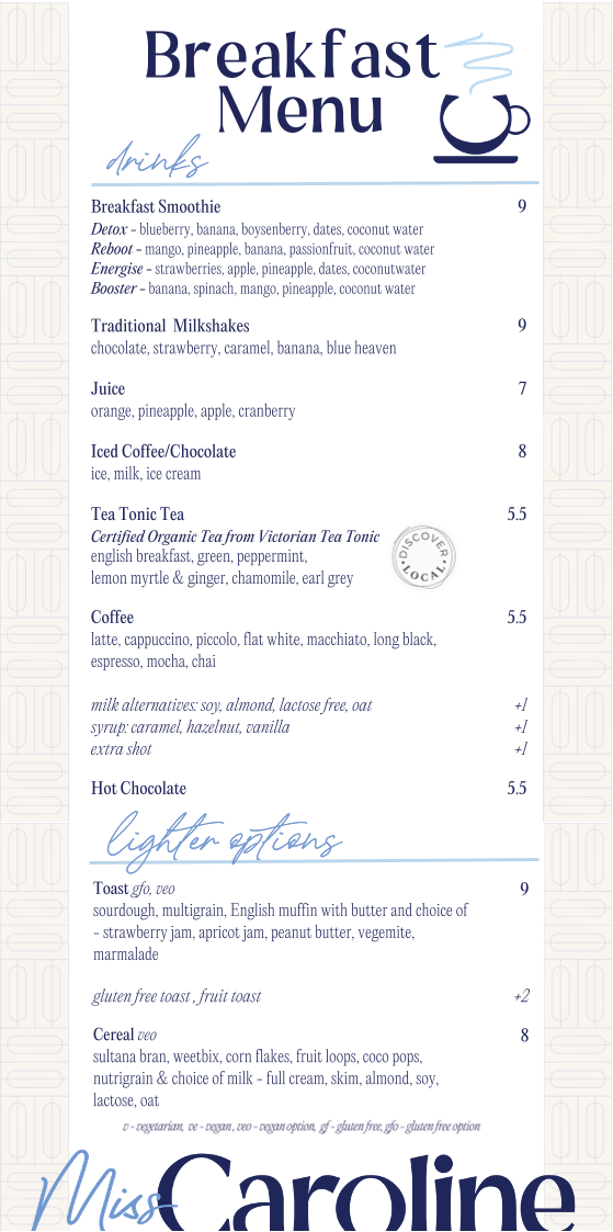 Menu, Miss Caroline