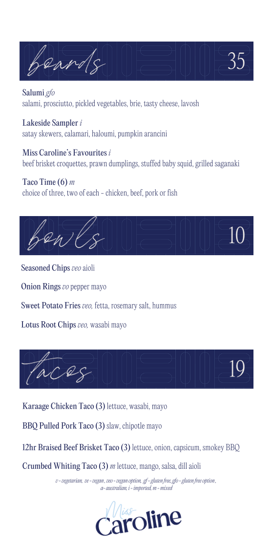 Menu, Miss Caroline
