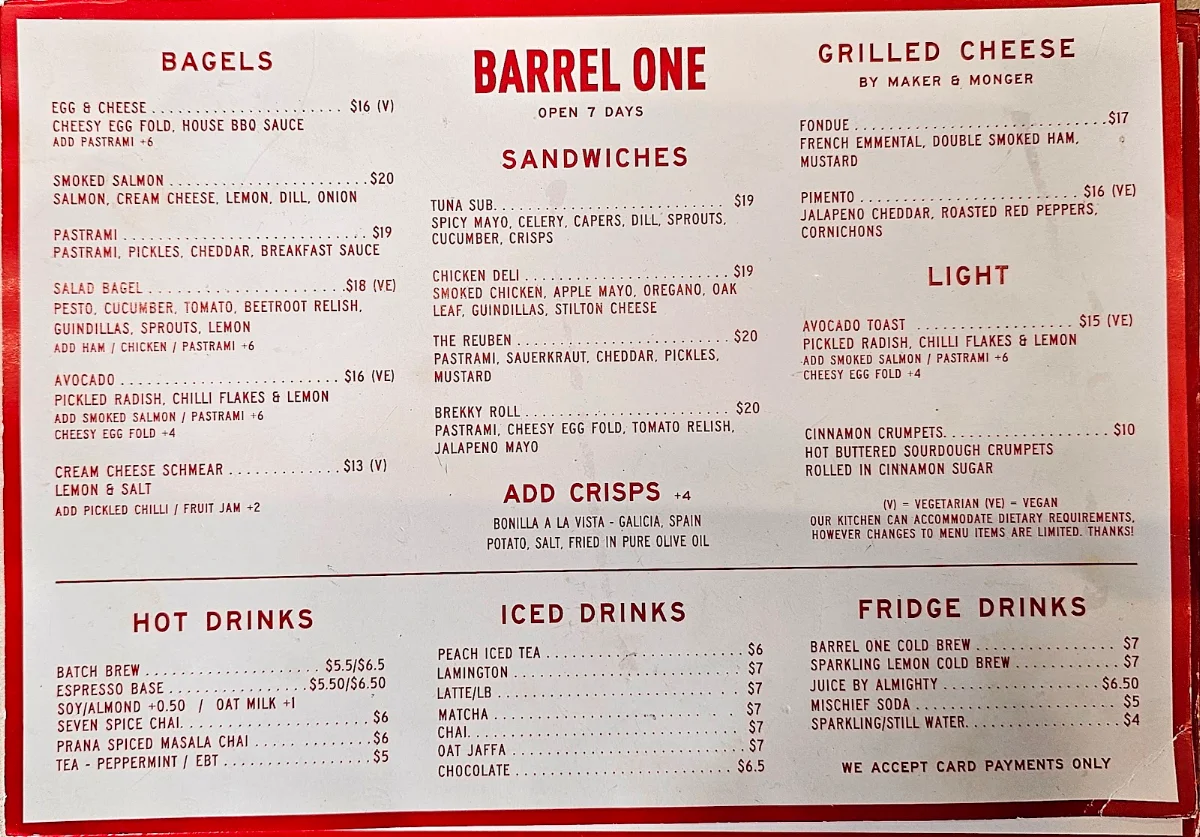 Menu, Barrel One Coffee Roasters Potts Point