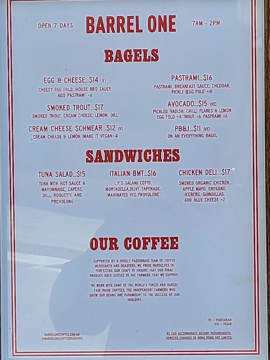 Menu, Barrel One Coffee Roasters Potts Point