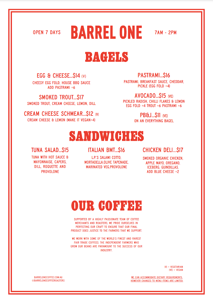 Menu, Barrel One Coffee Roasters Potts Point