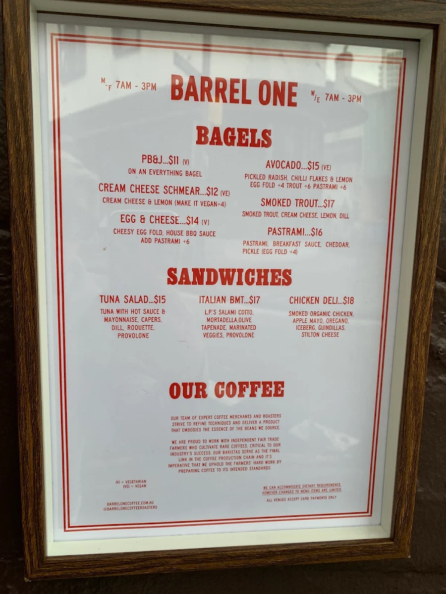 Menu, Barrel One Coffee Roasters Potts Point