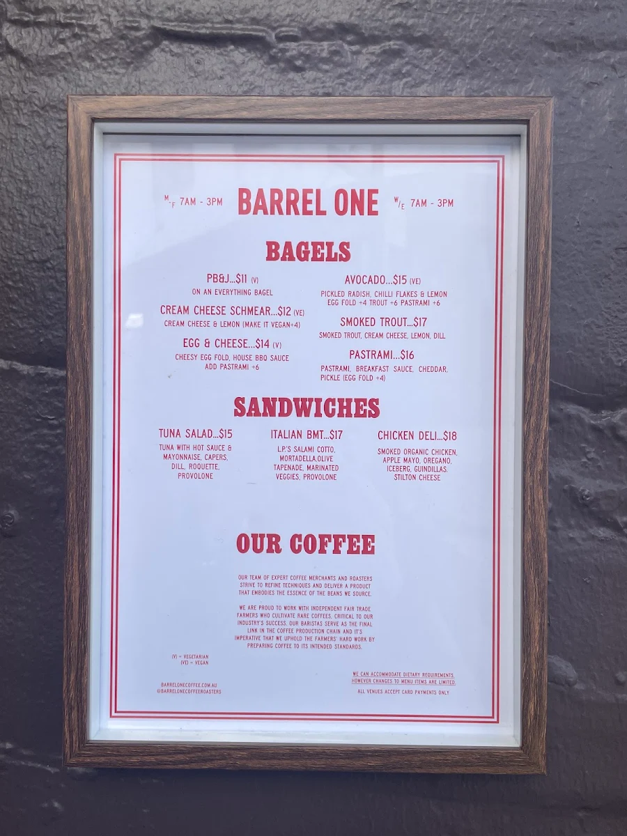 Menu, Barrel One Coffee Roasters Potts Point