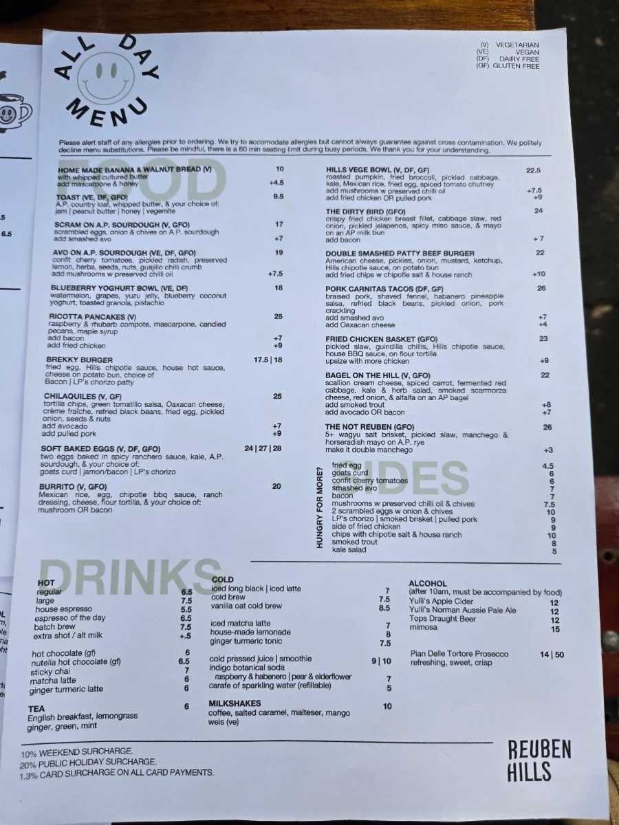 Menu, Reuben Hills