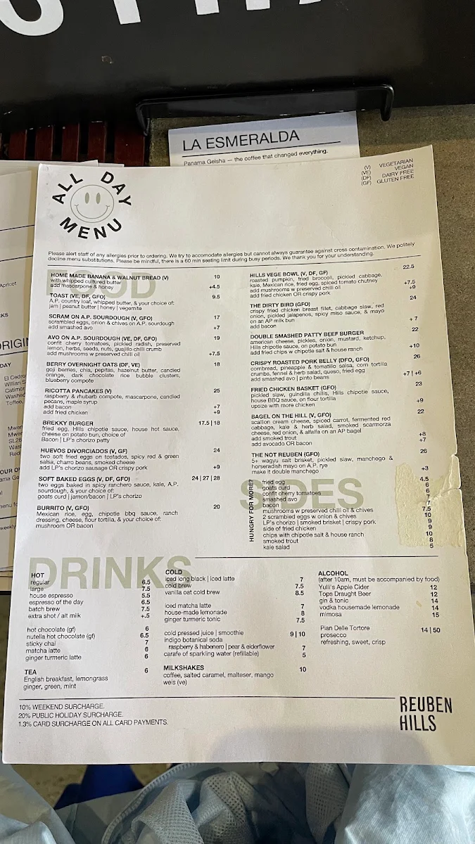 Menu, Reuben Hills