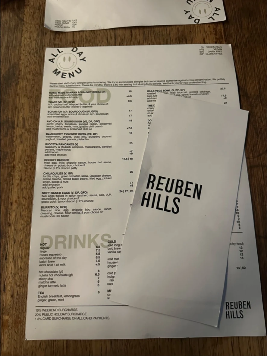 Menu, Reuben Hills