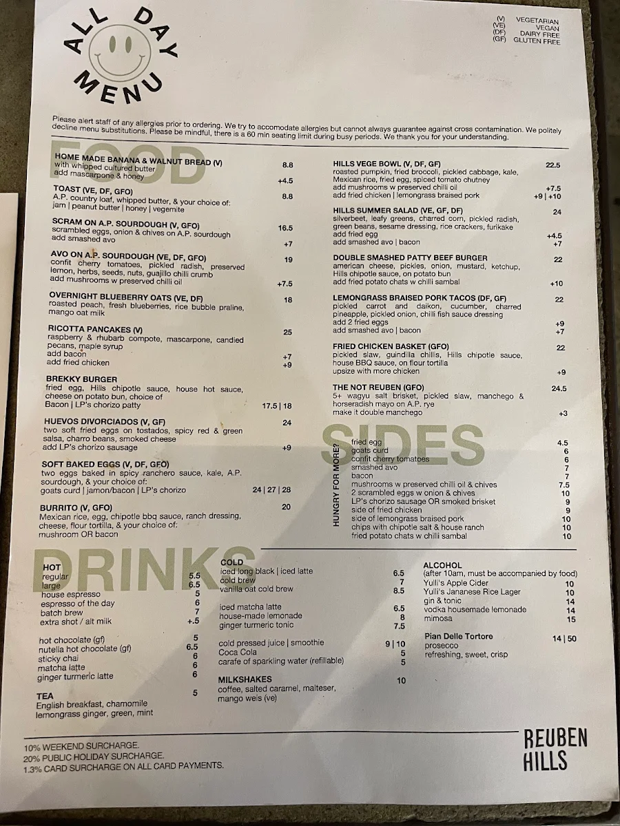 Menu, Reuben Hills