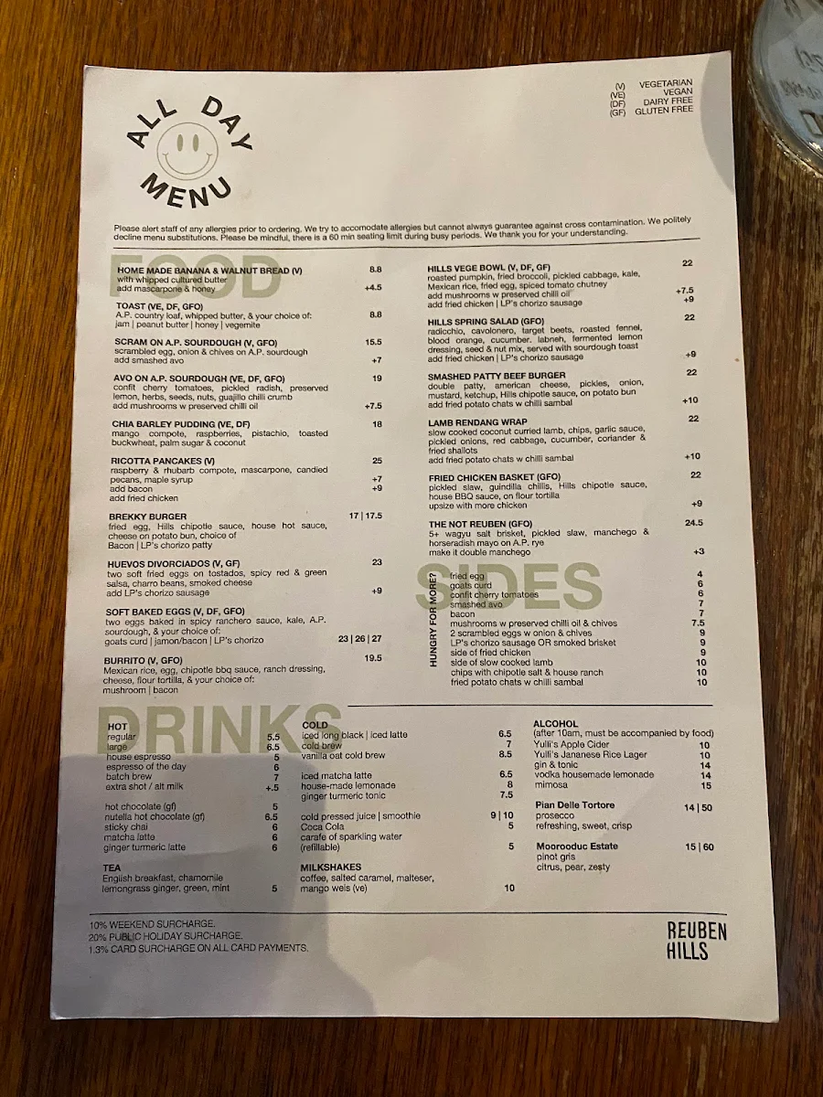Menu, Reuben Hills