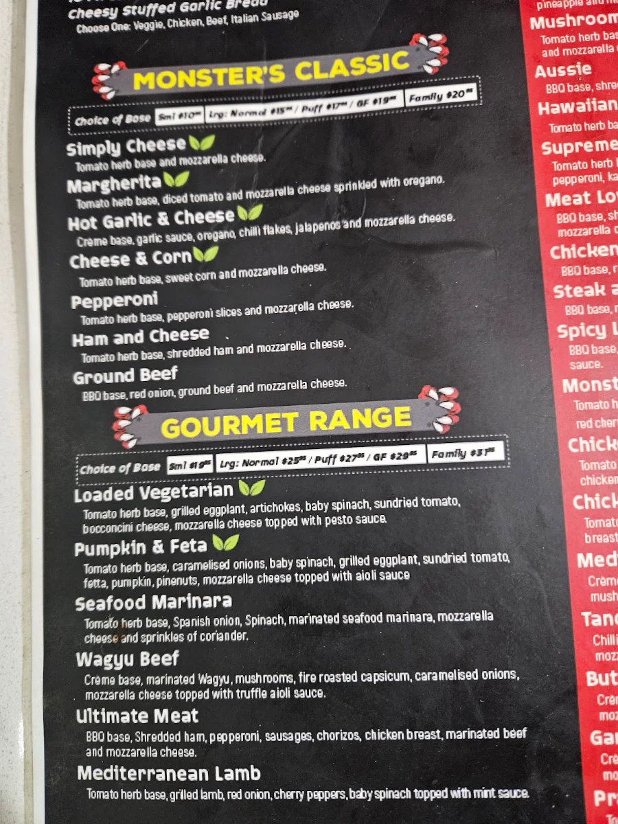 Menu, Pizza Monster