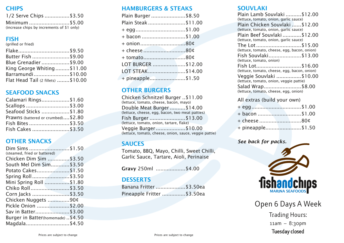 Menu, Marina Seafood