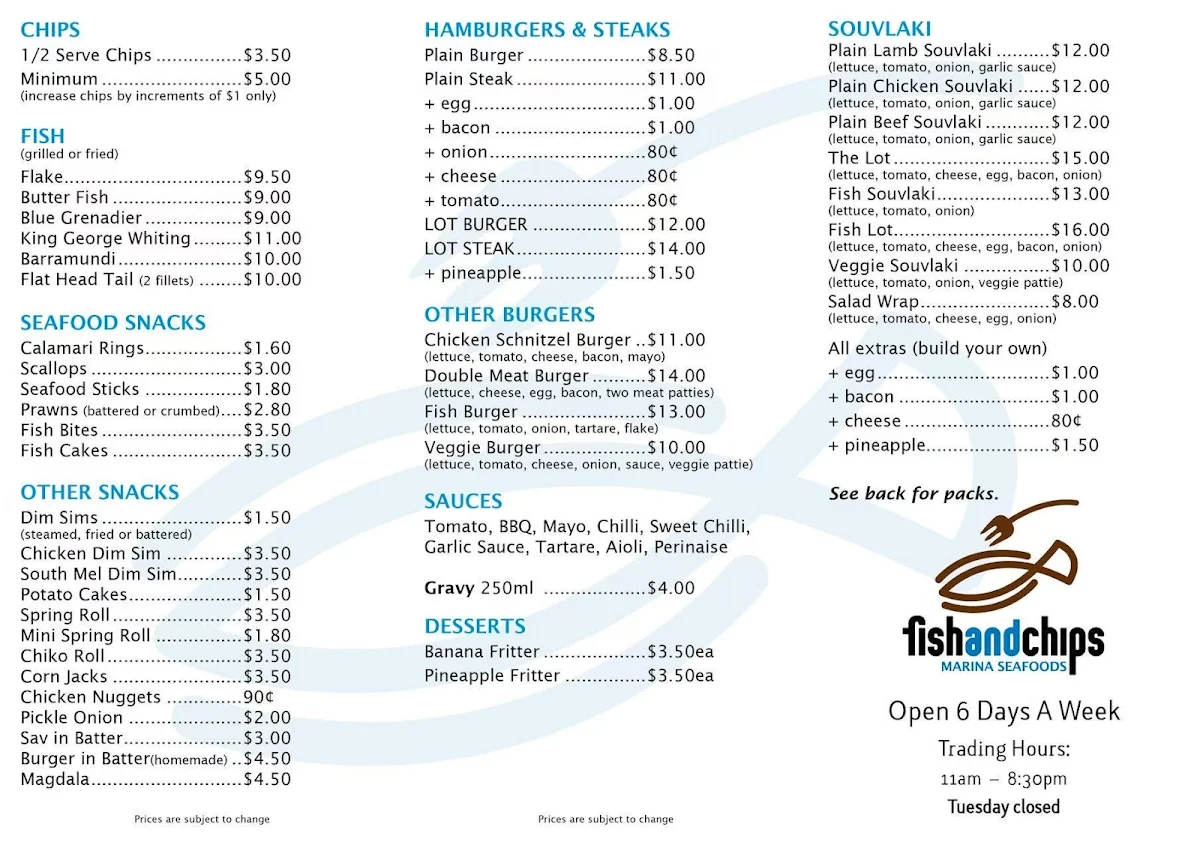 Menu, Marina Seafood